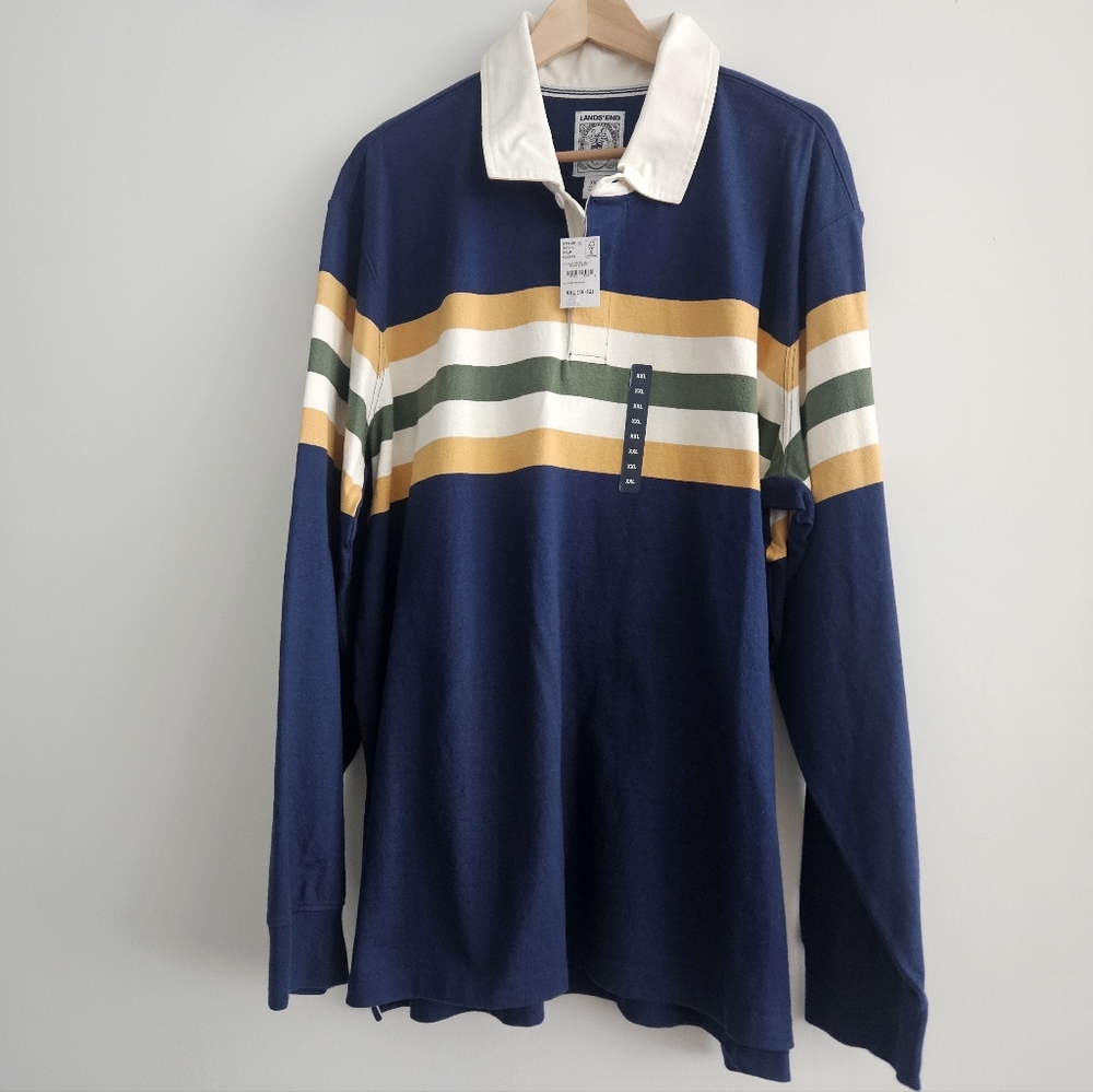 Lands' End Men's Navy/Green Multi Striped Rugby Shirt Size XXL